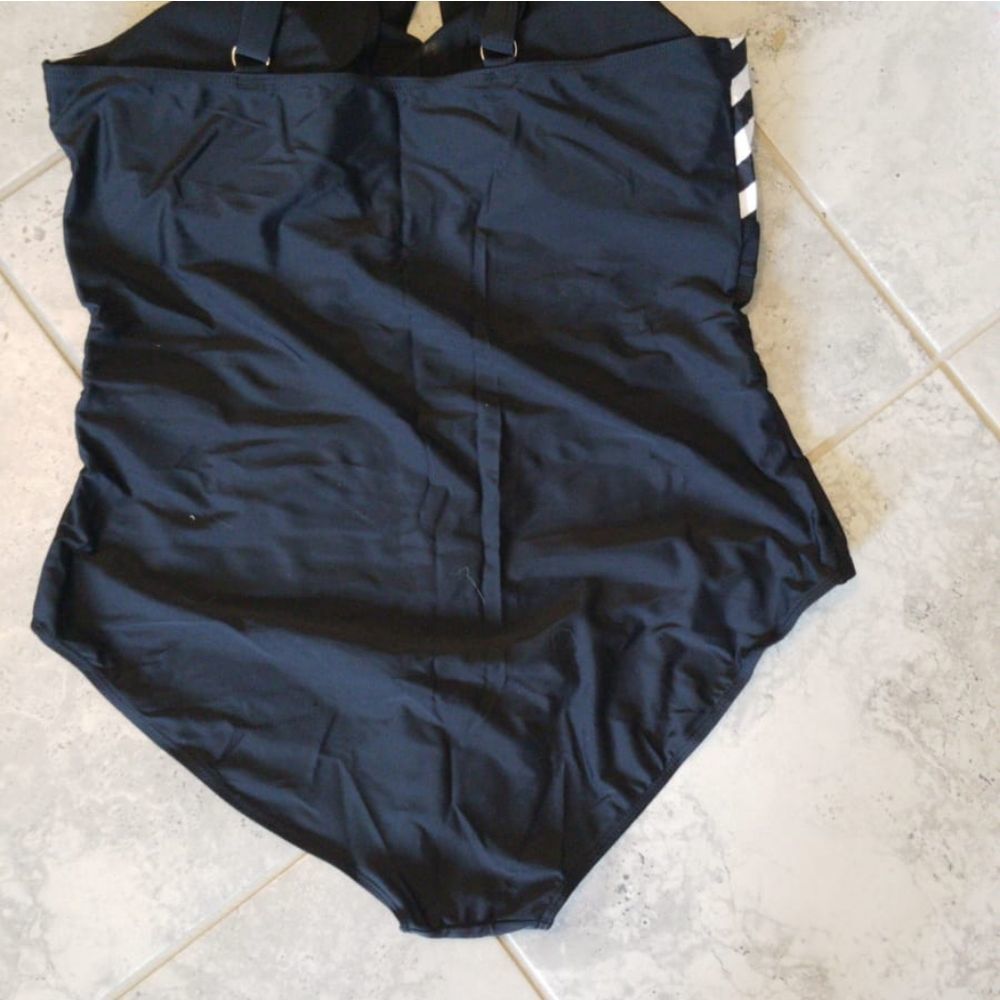 Mesh Panel Stripe Print One Piece Swimwear Black M - Picture 5 of 6